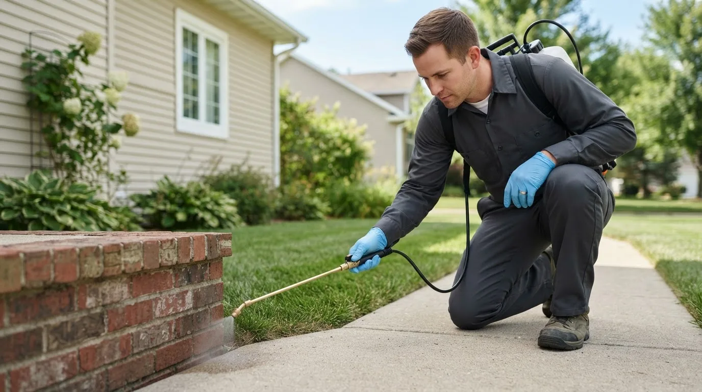 Pest control technician treating a home near Strandburg, SD