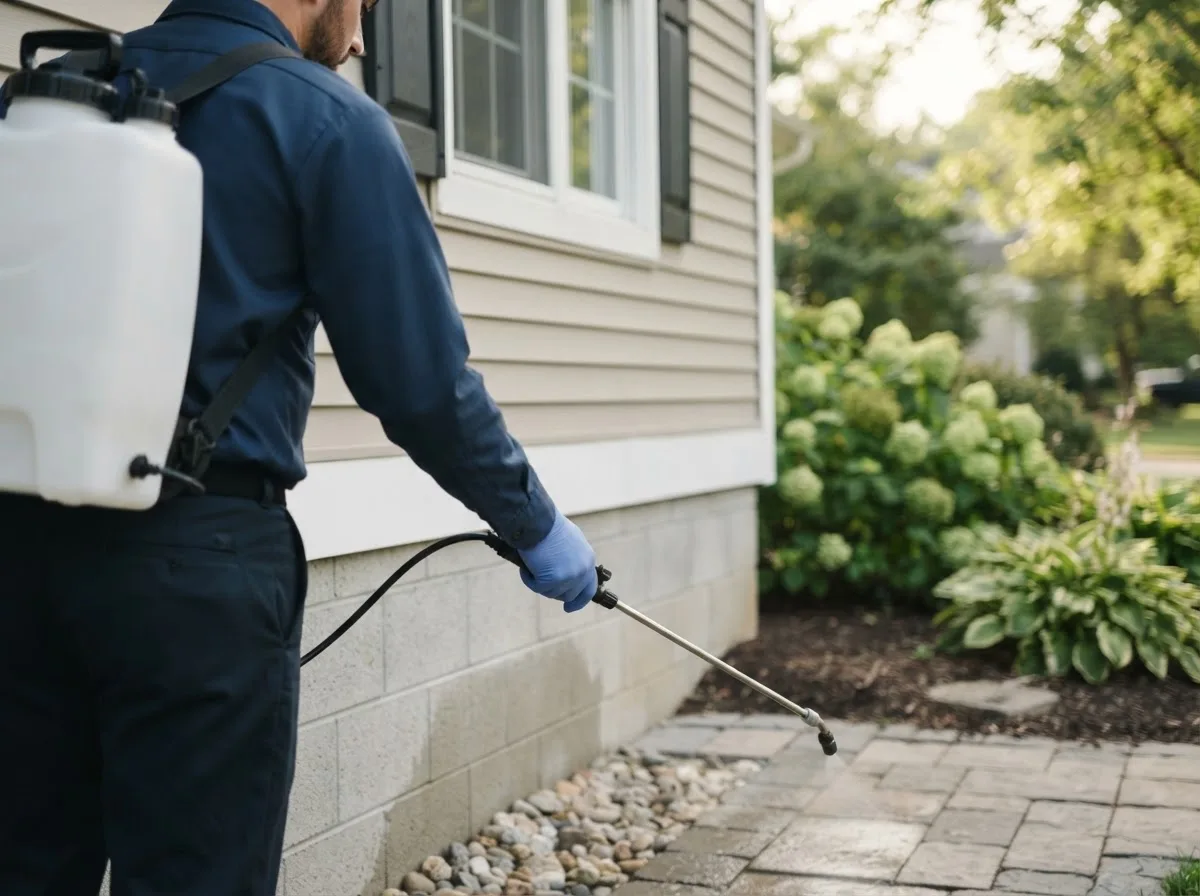 Pest control technician inspecting a home in Strandburg, SD